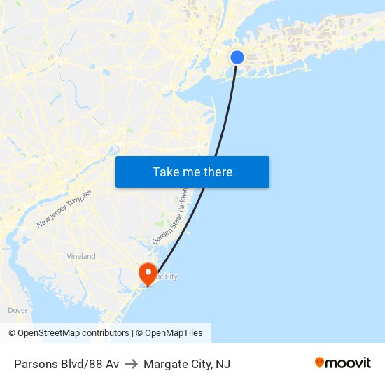 Parsons Blvd/88 Av to Margate City, NJ map