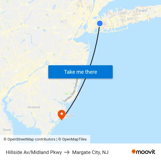Hillside Av/Midland Pkwy to Margate City, NJ map