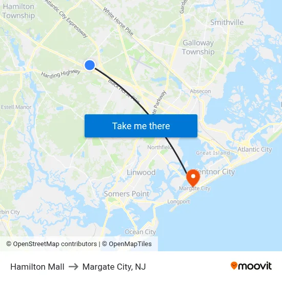 Hamilton Mall to Margate City, NJ map