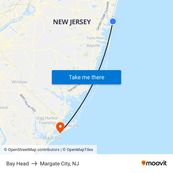 Bay Head to Margate City, NJ map