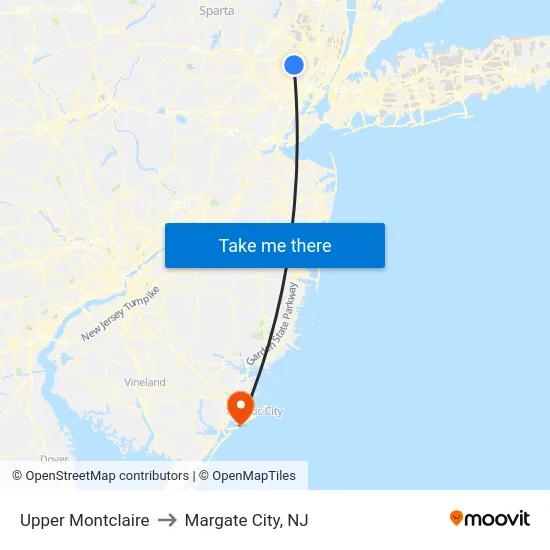 Upper Montclaire to Margate City, NJ map