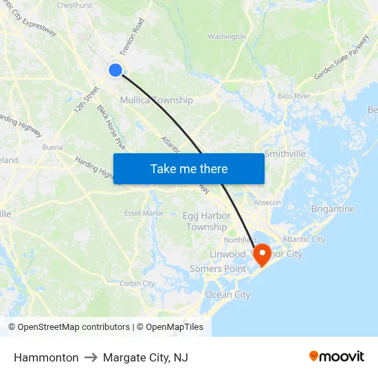 Hammonton to Margate City, NJ map