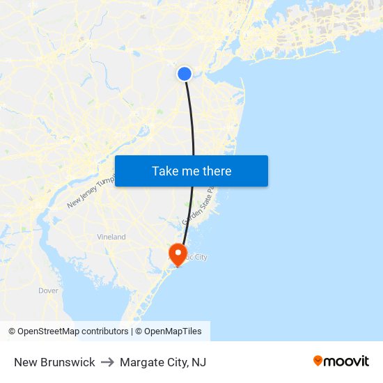 New Brunswick to Margate City, NJ map