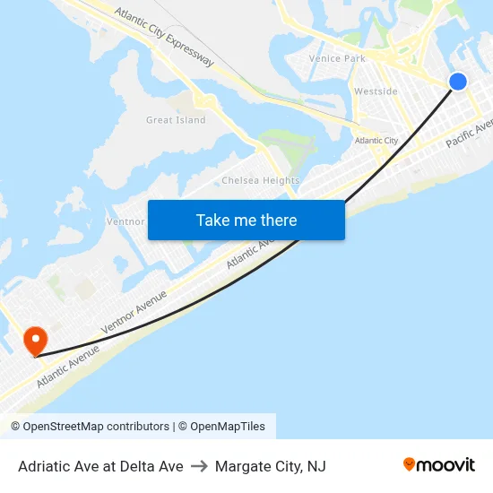 Adriatic Ave at Delta Ave to Margate City, NJ map