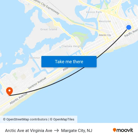 Arctic Ave at Virginia Ave to Margate City, NJ map