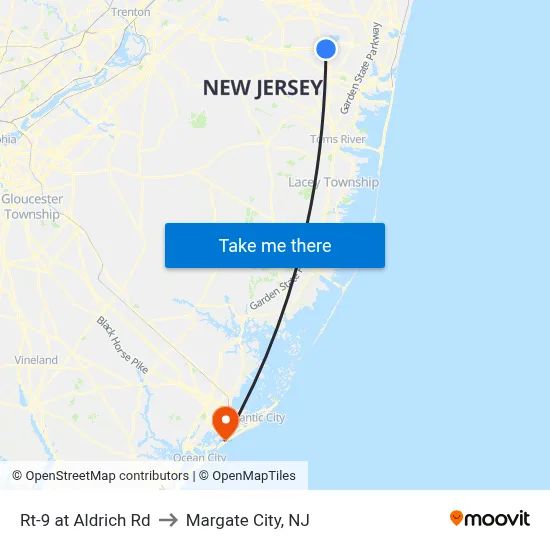 Rt-9 at Aldrich Rd to Margate City, NJ map