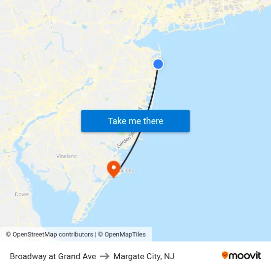 Broadway at Grand Ave to Margate City, NJ map