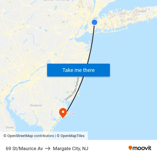 69 St/Maurice Av to Margate City, NJ map