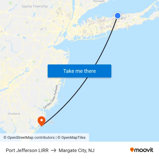 Port Jefferson LIRR to Margate City, NJ map