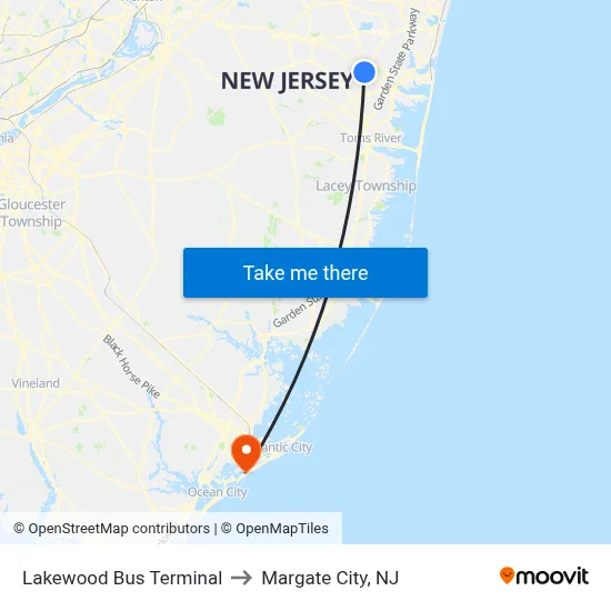 Lakewood Bus Terminal to Margate City, NJ map