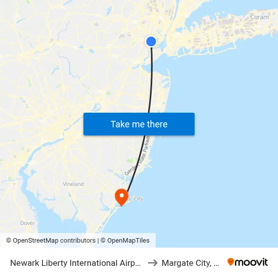Newark Liberty International Airport to Margate City, NJ map