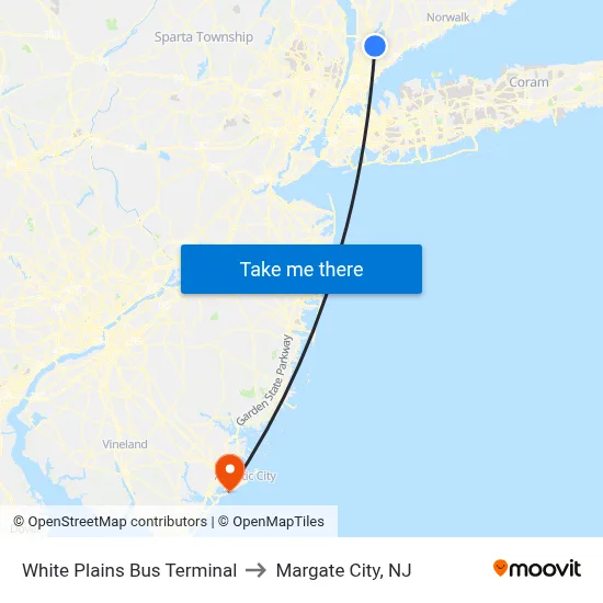 White Plains Bus Terminal to Margate City, NJ map