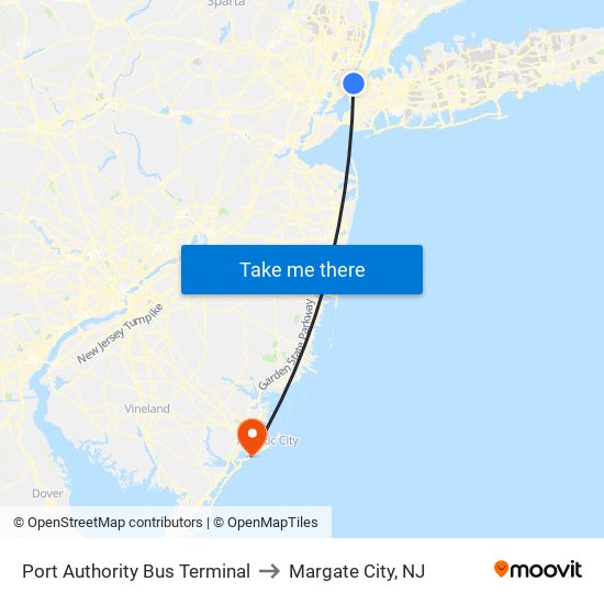 Port Authority Bus Terminal to Margate City, NJ map