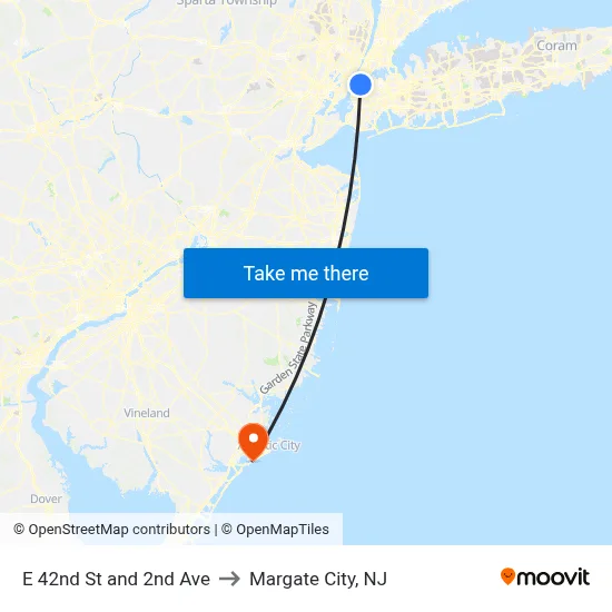 E 42nd St and 2nd Ave to Margate City, NJ map