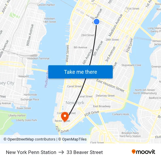 New York Penn Station to 33 Beaver Street map