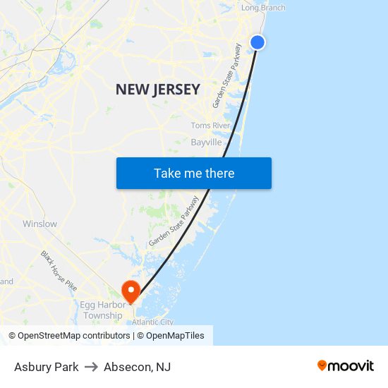 Asbury Park to Absecon, NJ map