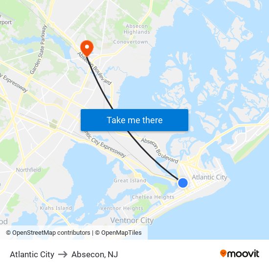 Atlantic City to Absecon, NJ map