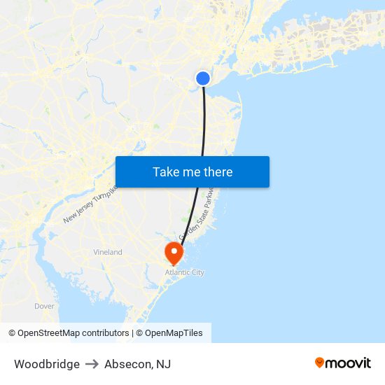 Woodbridge to Absecon, NJ map