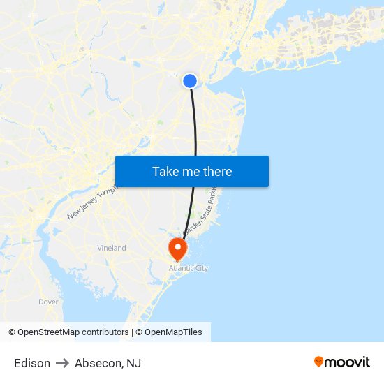 Edison to Absecon, NJ map