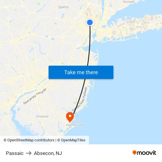 Passaic to Absecon, NJ map