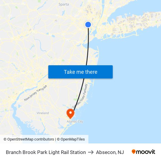 Branch Brook Park Light Rail Station to Absecon, NJ map