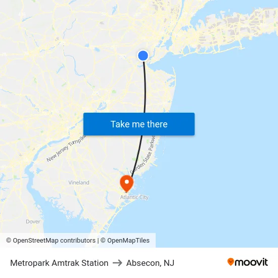 Metropark Amtrak Station to Absecon, NJ map
