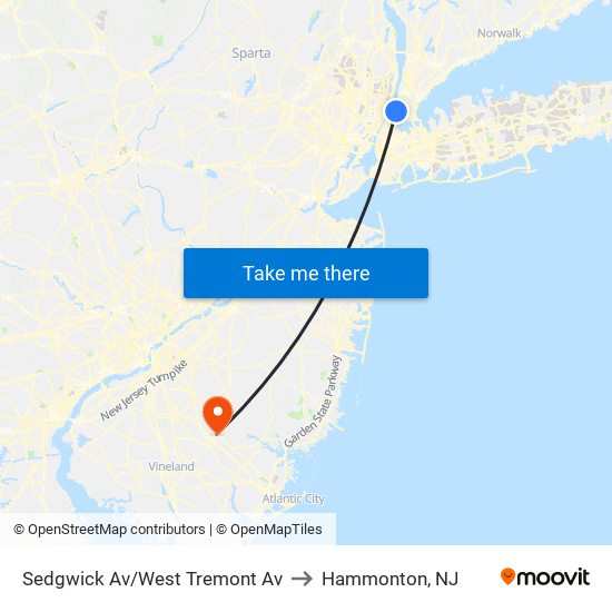 Sedgwick Av/West Tremont Av to Hammonton, NJ map