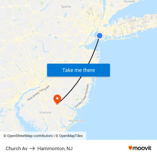 Church Av to Hammonton, NJ map