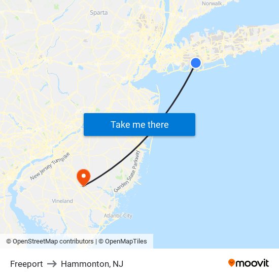 Freeport to Hammonton, NJ map