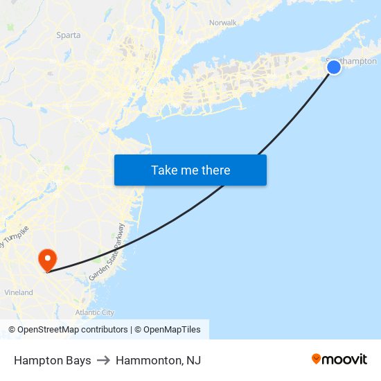 Hampton Bays to Hammonton, NJ map