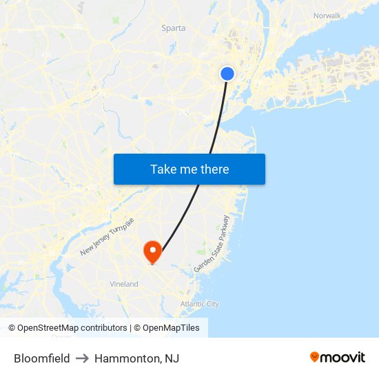 Bloomfield to Hammonton, NJ map