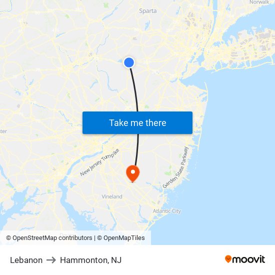 Lebanon to Hammonton, NJ map