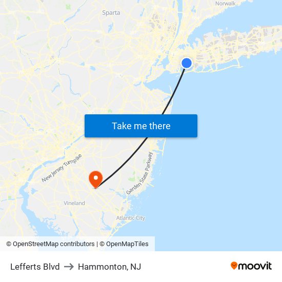 Lefferts Blvd to Hammonton, NJ map