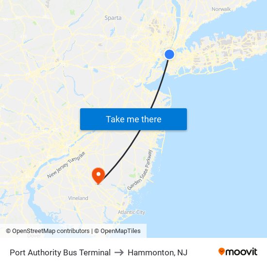 Port Authority Bus Terminal to Hammonton, NJ map