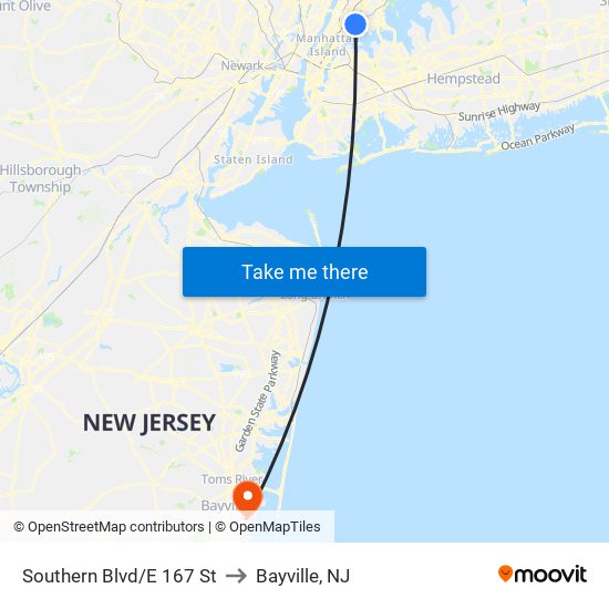 Southern Blvd/E 167 St to Bayville, NJ map