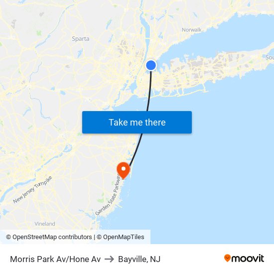 Morris Park Av/Hone Av to Bayville, NJ map