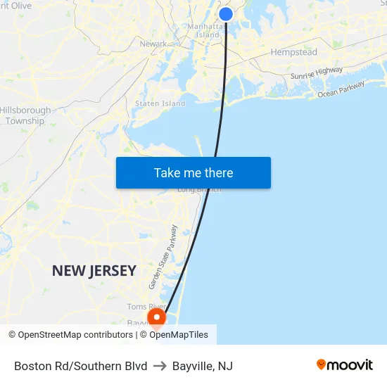 Boston Rd/Southern Blvd to Bayville, NJ map