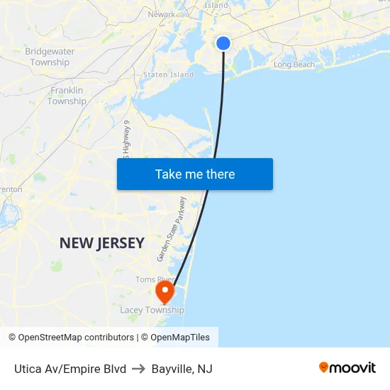 Utica Av/Empire Blvd to Bayville, NJ map