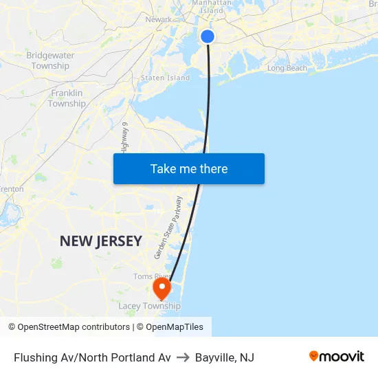 Flushing Av/North Portland Av to Bayville, NJ map