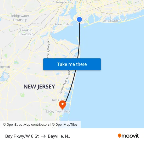 Bay Pkwy/W 8 St to Bayville, NJ map