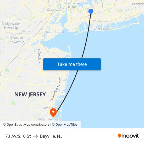 73 Av/210 St to Bayville, NJ map