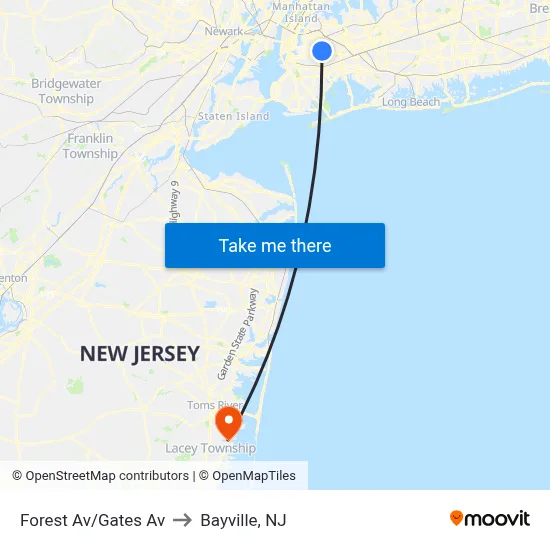 Forest Av/Gates Av to Bayville, NJ map