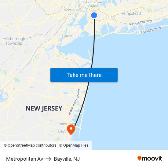 Metropolitan Av to Bayville, NJ map