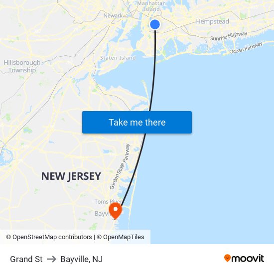 Grand St to Bayville, NJ map