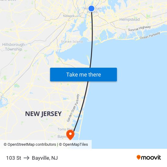 103 St to Bayville, NJ map