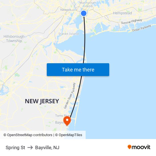 Spring St to Bayville, NJ map