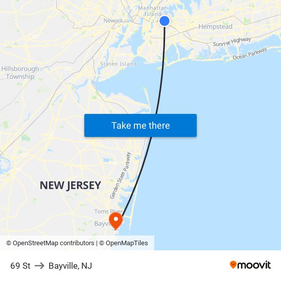 69 St to Bayville, NJ map