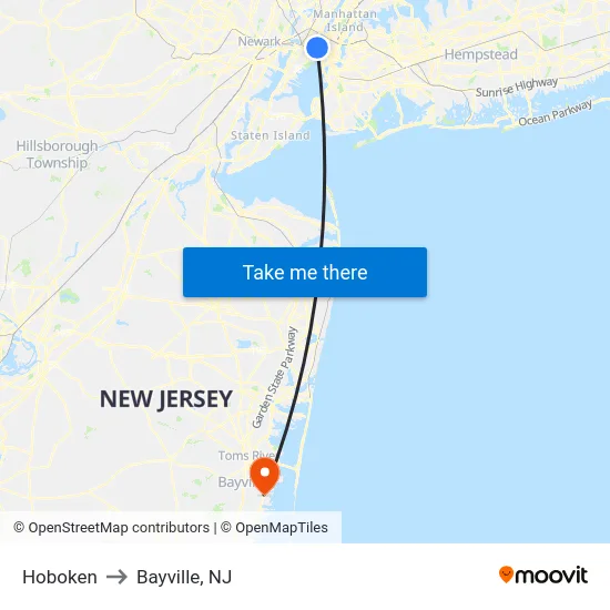 Hoboken to Bayville, NJ map