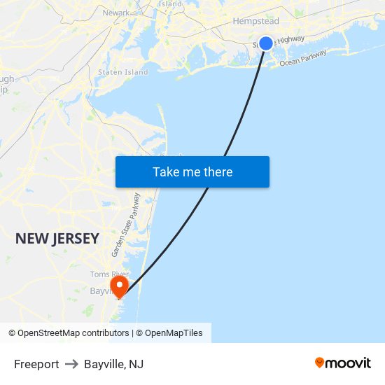 Freeport to Bayville, NJ map