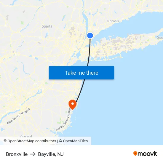 Bronxville to Bayville, NJ map